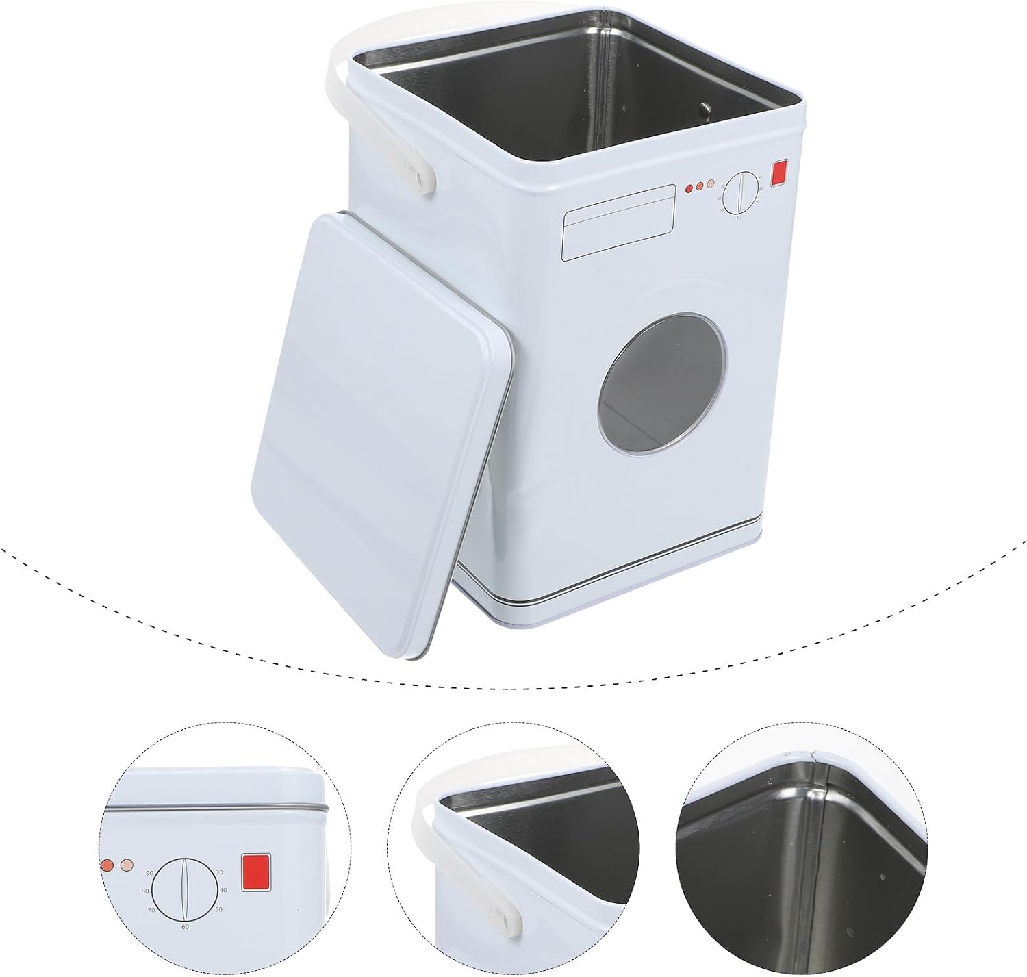 Large Capacity White Tinplate Storage Box with Handle, Washing Machine Shape Laundry Beads Container and Snack Organizer Box with Lid for Home Storage and Organization