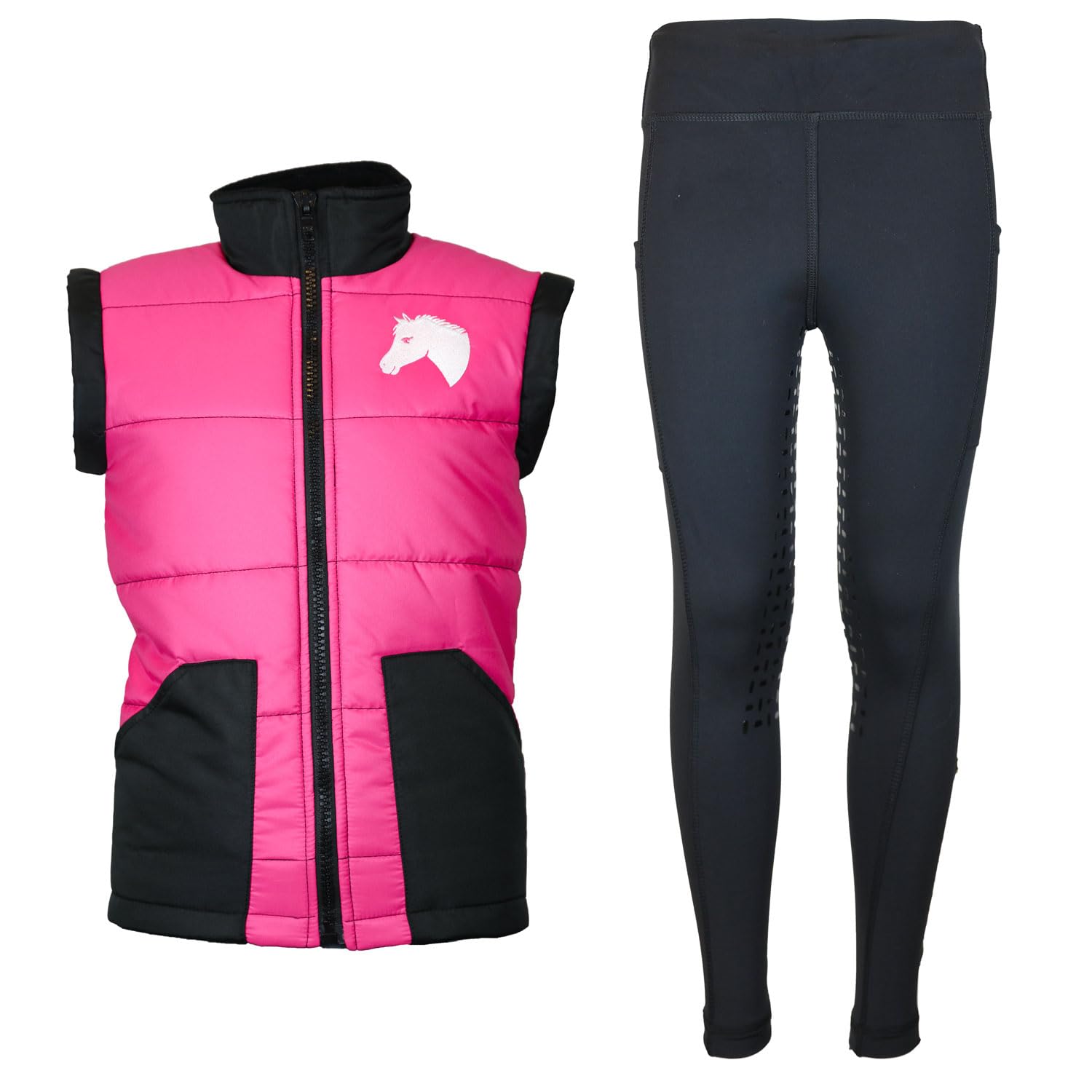 Reitset Kinder Reitweste Mia Pink gesteppt mit Silikon-Vollbesatz Reitleggings Schwarz