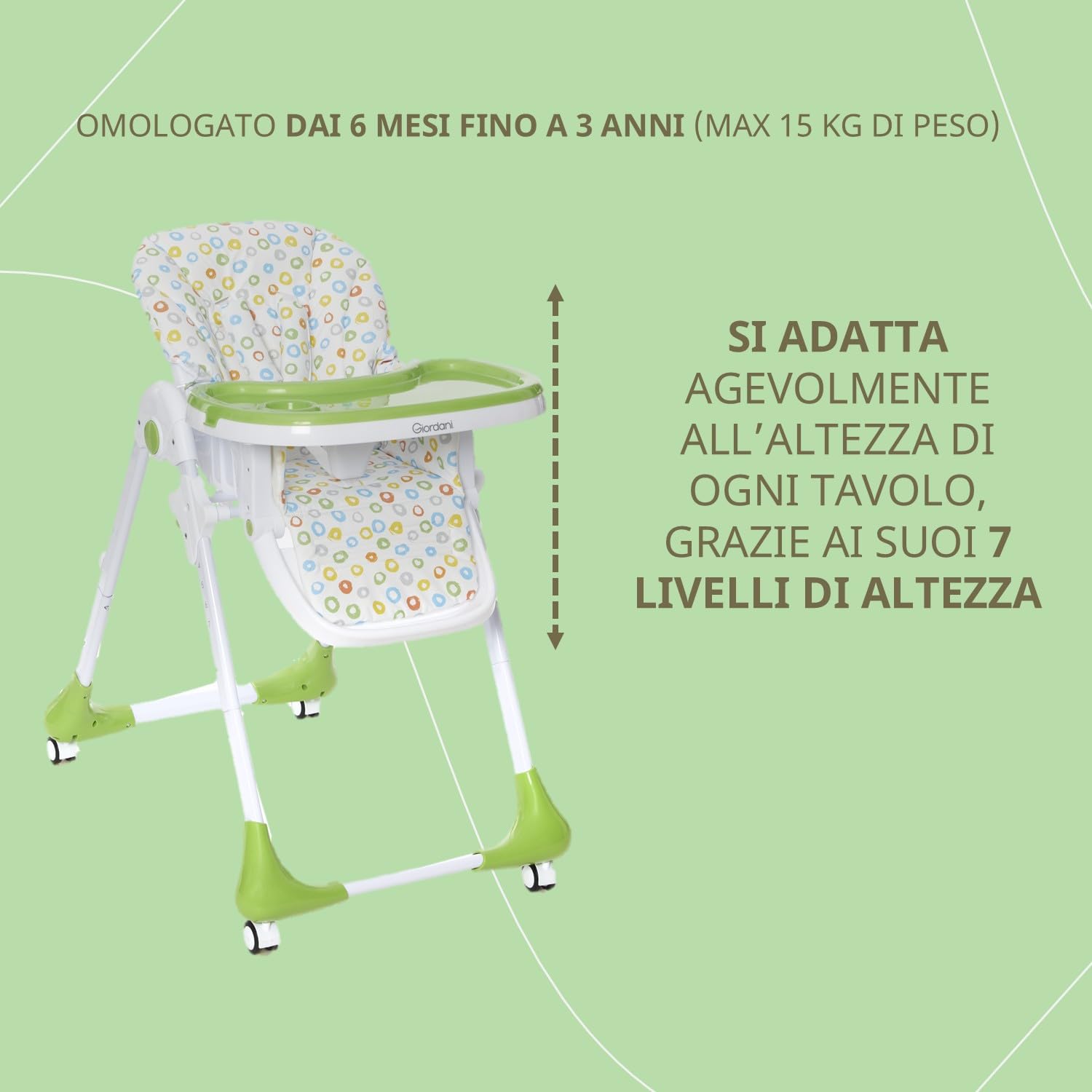 Giordani G-Snack Seggiolone Pappa 6 Mesi - 15kg, Altezza Regolabile in 7 Posizioni, Schienale e Poggiapiedi regolabili, 4 Ruote con Freno, Chiusura Compatta Salvaspazio e Doppio Vassoio Lavabile