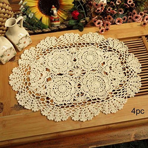 Phantomon Lace Doilies Handmade Crochet Placemats Cotton Doilies Cloth Lace, Pack of 4, Oval Shape, 12 x 17 inch (Beige)