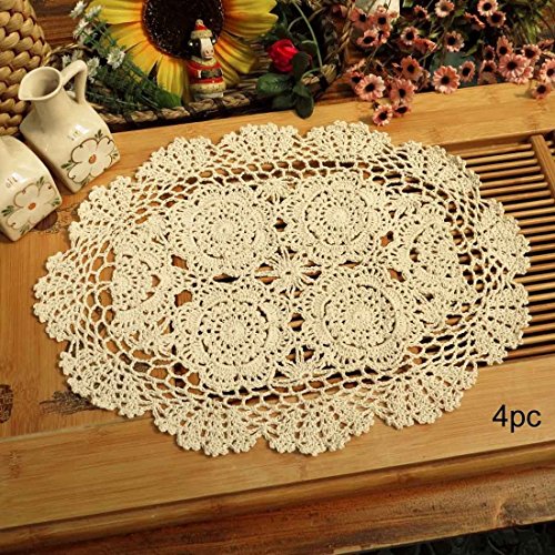 Phantomon Lace Doilies Handmade Crochet Placemats Cotton Doilies Cloth Lace, Pack of 4, Oval Shape, 12 x 17 inch (Beige)
