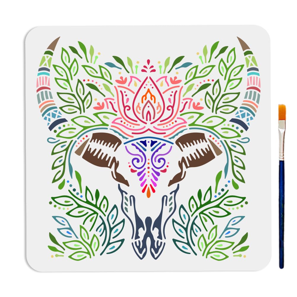 MAYJOYDIY Cow Skull Stencil Bull Head Drawing Stencils 30×30cm Reusable Mandala Lotus Leaves Pattern Painting Template with Paint Brush for Crafts and Decorations