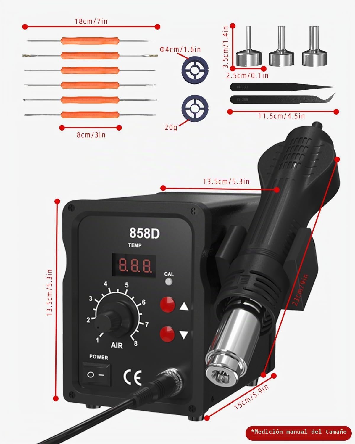 Estación de soldadura de aire caliente 700W,858D Hot Air Soldering Rework SMD Station 100°C-480°C,estación de soldadura con accesorios con 3 nozzles,2 pinzas,2 rollos de hilo para soldar.