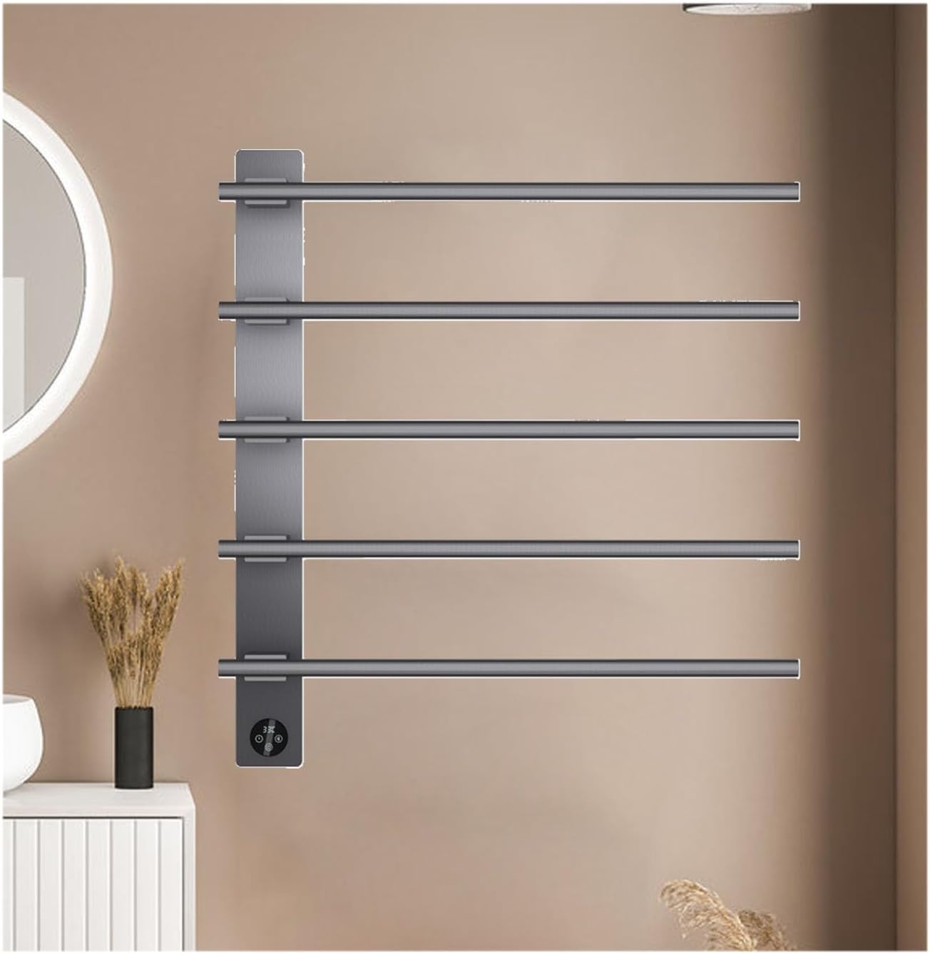 Towel Warmer Chrome,4 Rods,Brass Heated Drying Rack Wall Mounted,S for Bathroom, Towel with Intelligent Touch Screen Timer-Chrome-3(Gray,5 rods)