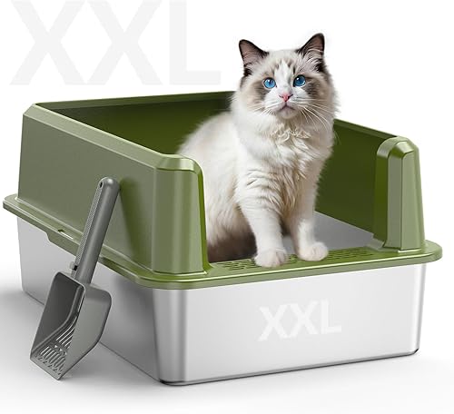 Miniatura 9 de Caja de arena cerrada de acero inoxidable para gatos con tapa, caja de arena extra grande XL para gatos grandes, bandeja de arena de metal de lado
