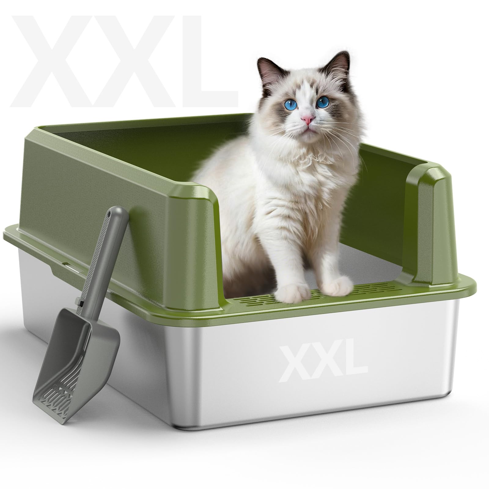 Stainless Steel Cat Litter Box, XXL High Sided Open Top Litter Pan, 1 Scoop