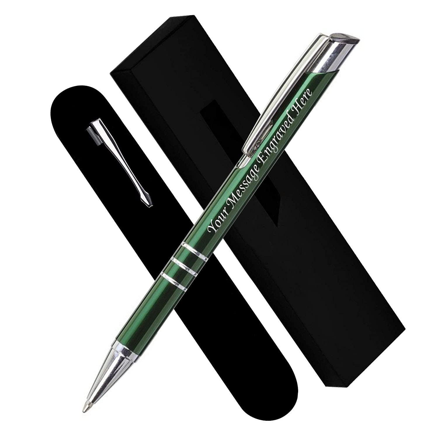Paul Clover Personalised Engraved Blue Ink Ballpoint Pen with Medium Point - Refillable - Lacquered Aluminium Finish - Velvet Pouch, Gift Box & Black Refill - Great Gift for Men, Women - Green