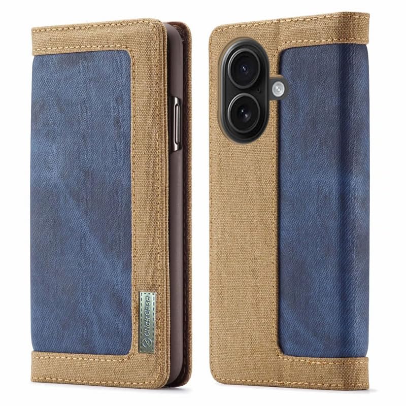 ClickCase Iconic Series for iPhone 17 Soft Canvas Denim Cloth Leather Wallet Flip Case Kick Stand with Magnetic Closure Flip Cover for iPhone 17 (Blue & Beige)