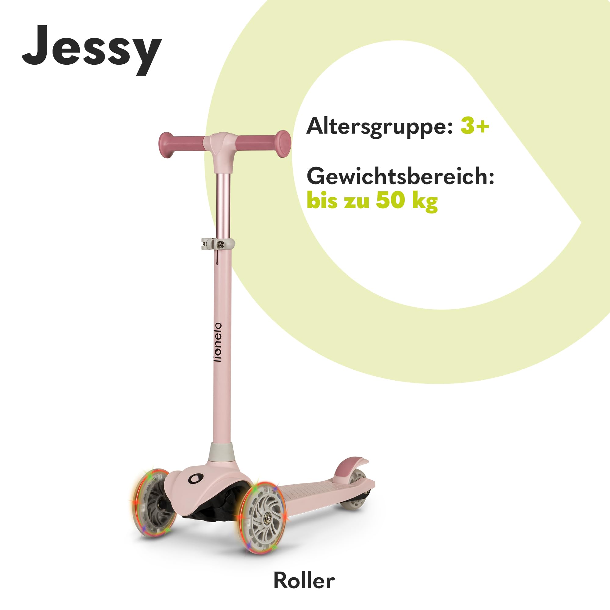 LIONELO Jessy Premium Dreirad-Kinderroller mit LED-Rädern für Kinder 3 Jahre bis 50 kg, Höhenverstellung und Rutschfester Plattform, Faltbarer Kinderroller. Kinderscooter ab Kleinkind Junge Mädchen