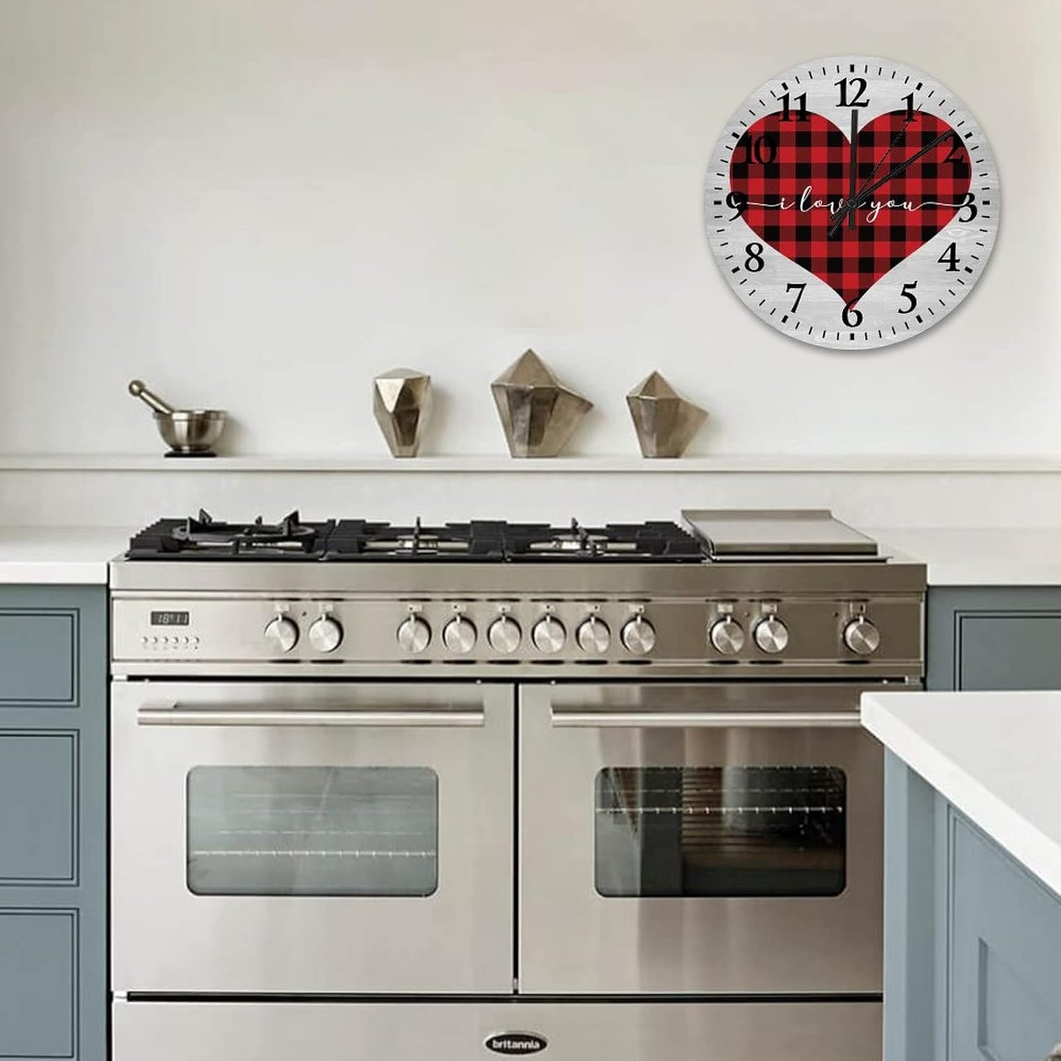 Clock Wood Valentine's Day I Love You Room Decorative Wall Clock Silent Non Ticking Arabic Numeral Buffalo Plaid Check Love Quote Round Clock for Farmhouse Home Decoration 12 Inch