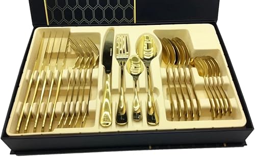 Juego de cubiertos dorados de 24 piezas: servicio elegante para 6, hecho de acero inoxidable 18/10 de alta calidad, pulido de espejo brillante, apto
