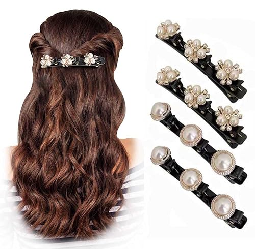 4 pinzas para el cabello trenzadas con piedra de cristal brillante con 3 clips pequeños, horquilla en forma de perla, clip de pelo trenzado con