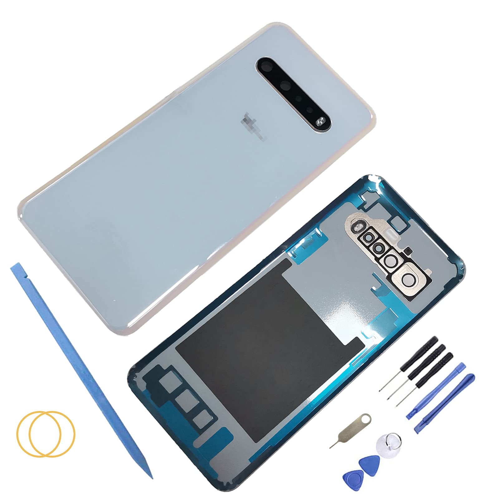 V60 Battery Rear Back Glass Cover Replacement for LG V60 ThinQ with Camera Glass Lens and Frame Tape (White)