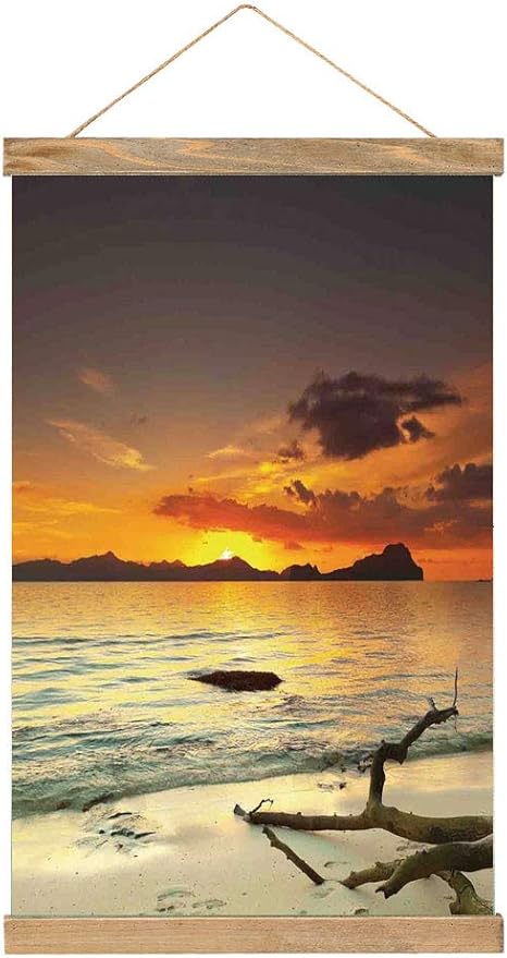Amazon タペストリー 絵画 壁掛け 自然 島に沈む夕日乾燥木遠い丘砂浜海岸線休暇先 木製 ポスター用 印刷物用 写真用 組立簡単 縦柄 角型 木目タイプ おしゃれ モーブイエロー アートワーク ポスター オンライン通販