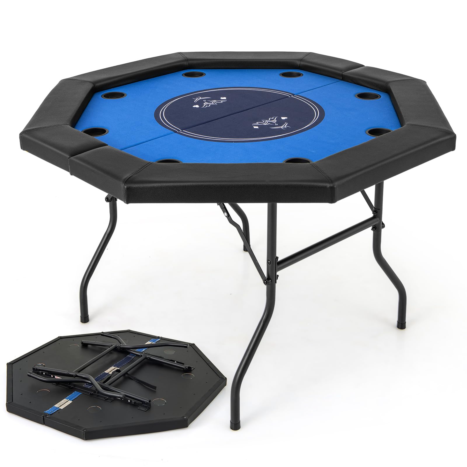 GYMAX 1.3M/48 Inches Foldable Poker Table, 8-Player Portable Blackjack Texas Hold’em Poker Table with Cup Holders & Padded Rails, Octagon Poker Card Board Game Table for Party Casino (Blue)