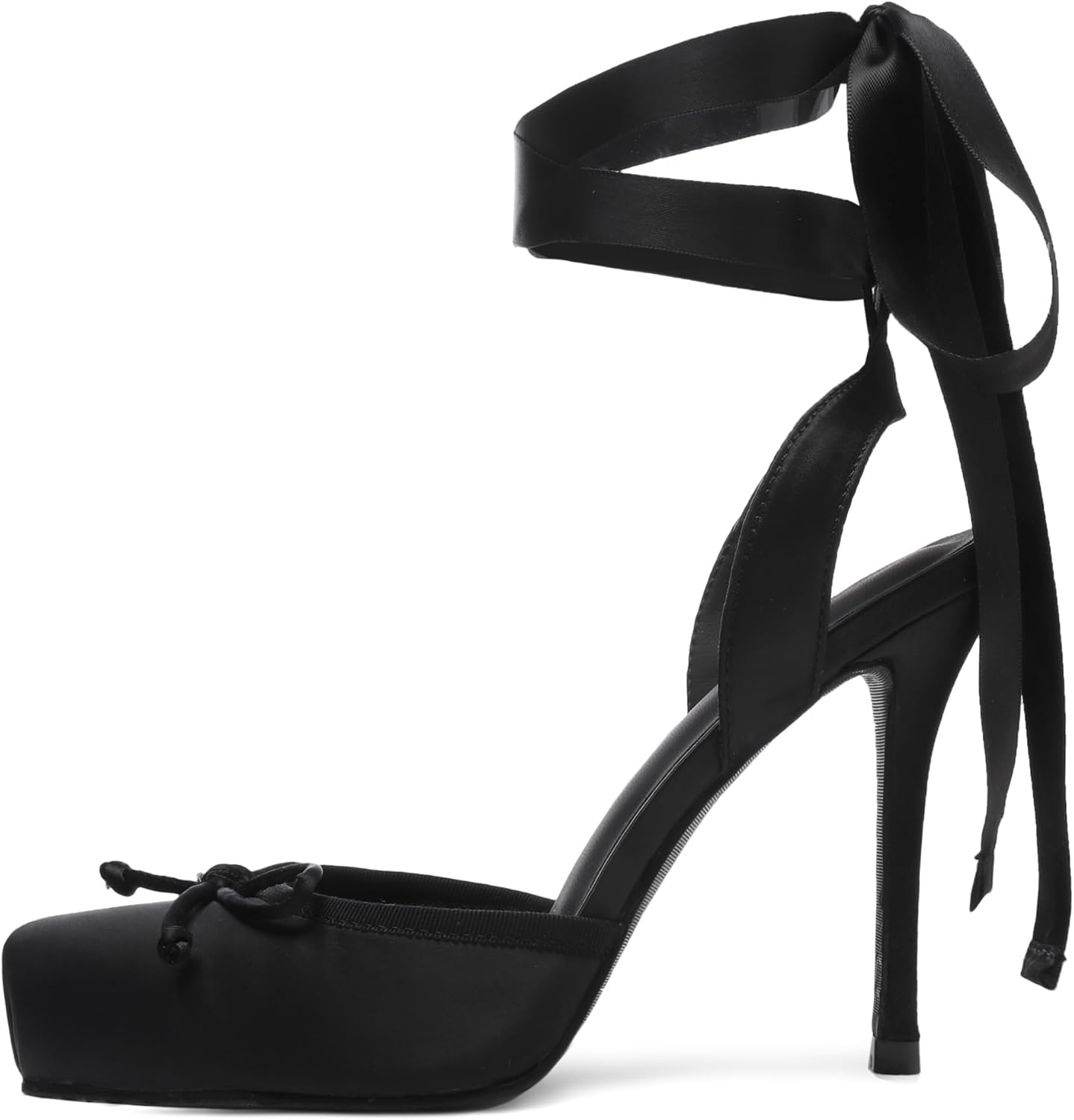 Satin Ballet Heels for Women Closed Square Toe Bow Ballerina Heels Lace Up High Heel Slingback Pumps Strappy Stiletto Mary Janes Elegant Party Shoes