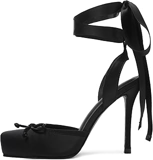 Riekhany Satin Ballet Heels for Women Closed Square Toe Bow Ballerina Heels