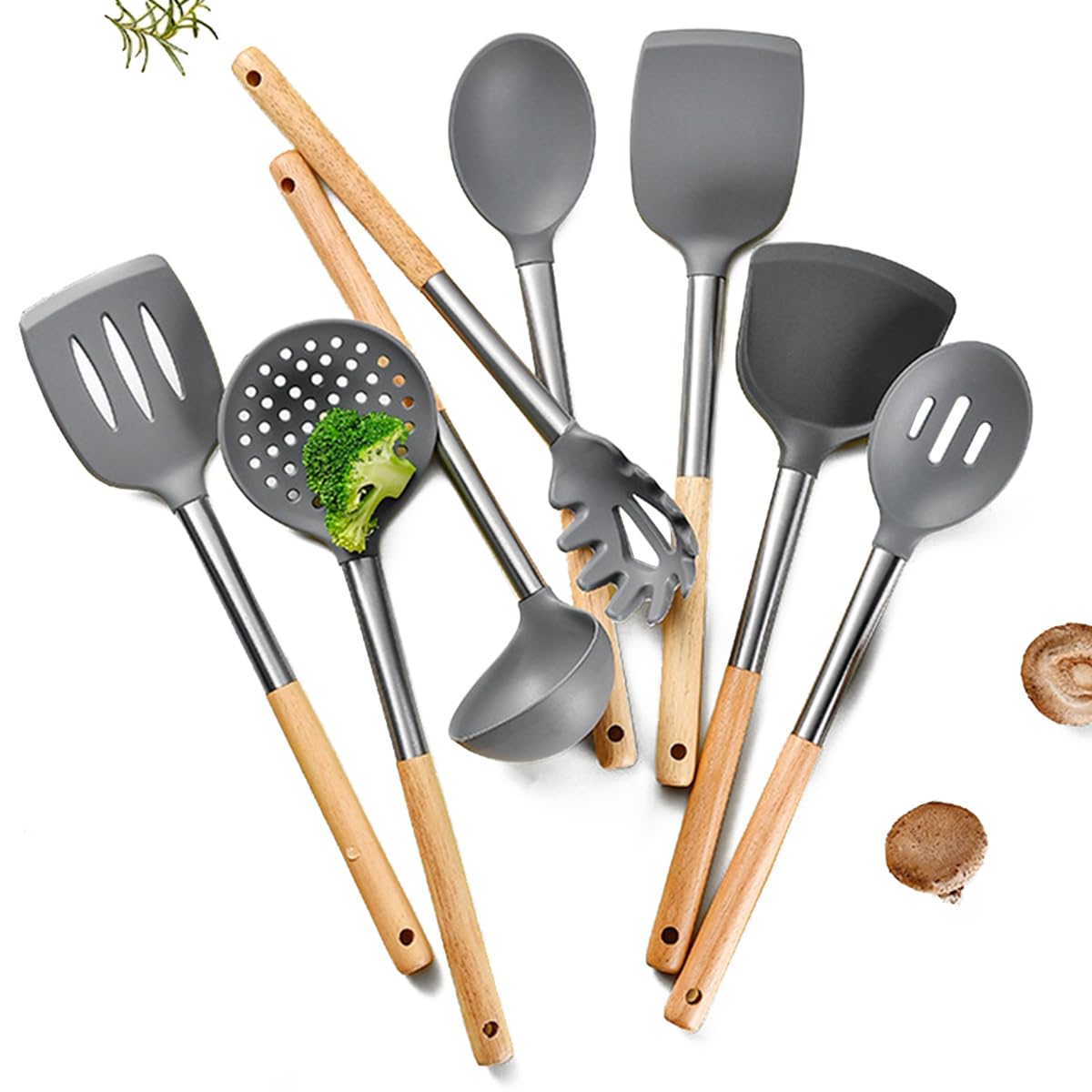 Wooden Handle Silicone Cooking Kitchen Utensils BRIIEC 8-Piece Silicone Non-Stick Cooking Spatula Spoon Set Kitchenware Kitchen Gadgets Utensils Set Dishwasher Safe - Grey