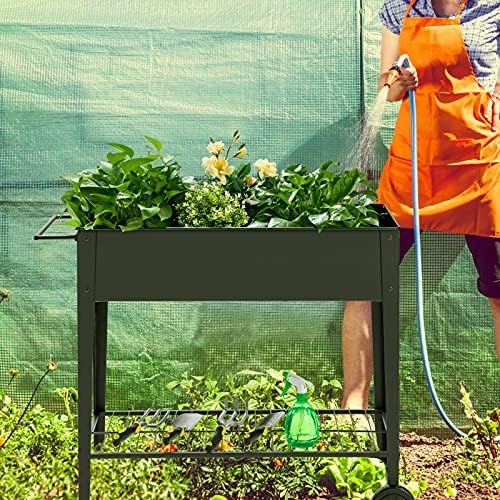 COSTWAY Metal Raised Garden Bed, Mobile Outdoor Planter with Wheels, Handlebar and Bottom Shelf, Elevated Grow Box for Vegetables, Flowers, Herbs
