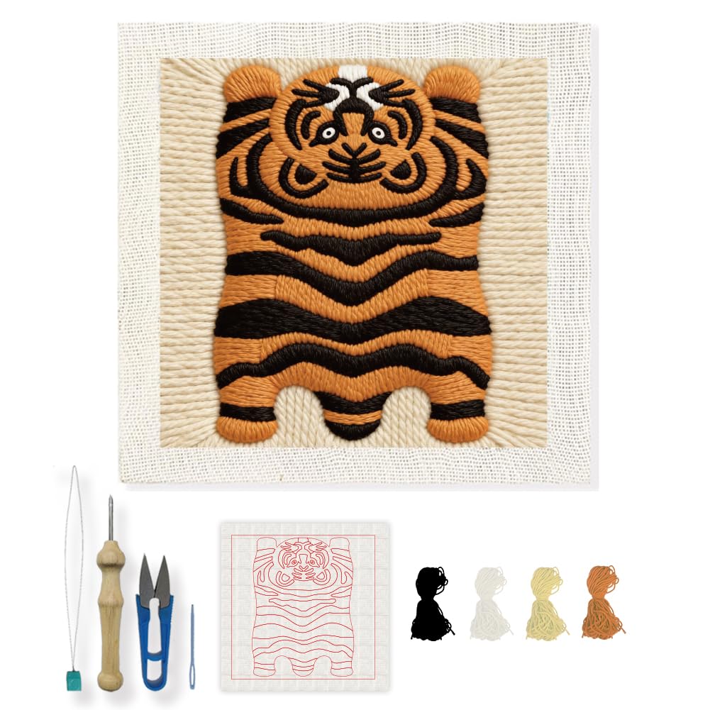 INFUNLY Striped Tiger Punch Needle Embroidery Kit 9.4" DIY Punch Embroidery Kit for Adults Climbing Tiger Needlepoint Set Animal Needles Stitching Kits with Instruction for DIY Craft Lovers Gift