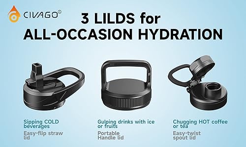 Miniatura 2 de CIVAGO Botella de agua aislada de 32 onzas con pajilla, botella de agua deportiva de acero inoxidable con 3 tapas (pajilla, boquilla y tapa de asa),