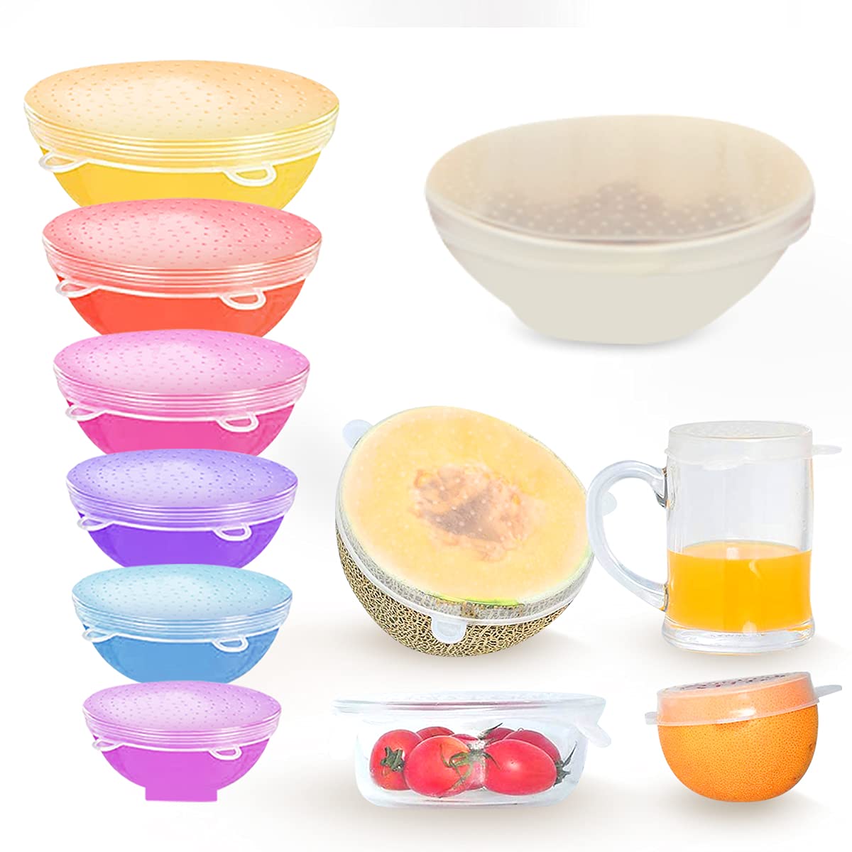 LIANGDU Silicone Stretch Lids, 12 Pack Reusable Silicone Lids, Silicone Bowl Covers, 6 Sizes Silicone Covers Apply to Food Container, Safe in Dishwasher, Microwave and Freezer