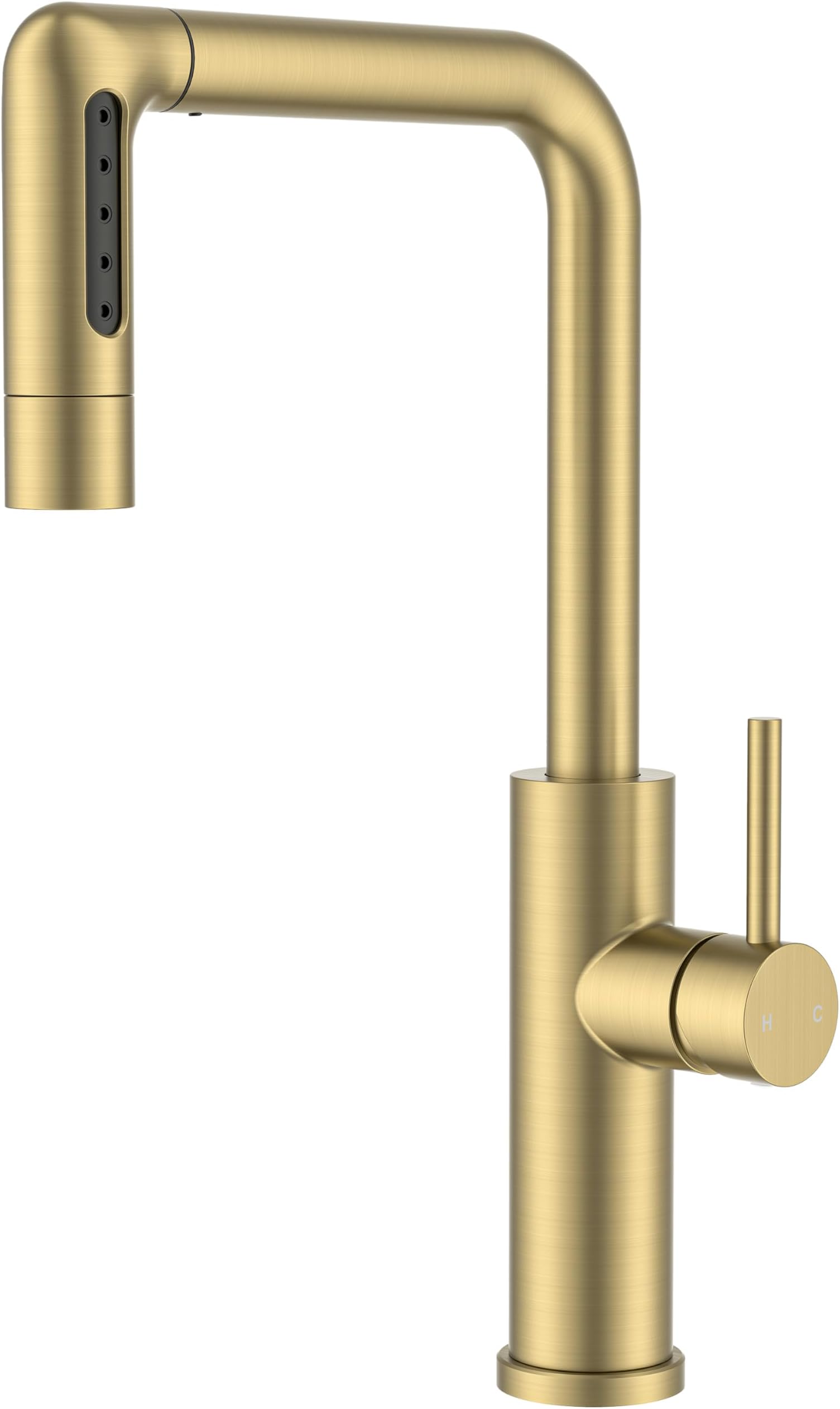 FORIOUS Gold Waterfall Kitchen Faucet with Pull Down Sprayer, 5 Spout Mode Stainless Steel Single Handle 360° Swivel Classic Kitchen Sink Faucet with Deck Plate for 1 or 3 Hole for Bar Rv