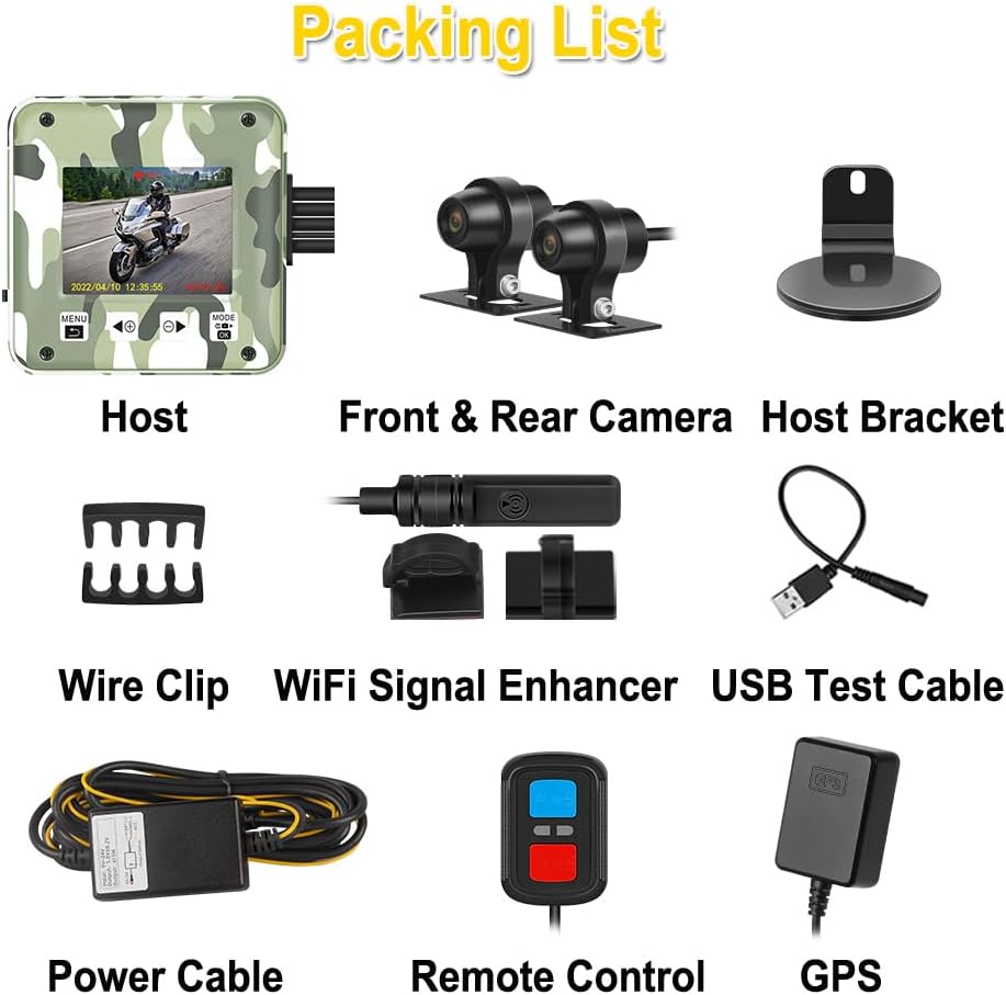 Contents of the VSYSTO S6P package laid out: Host, Front & Rear Camera, Host Bracket, Wire Clip, WiFi Signal Enhancer, USB Test Cable, Power Cable, Remote Control, GPS.