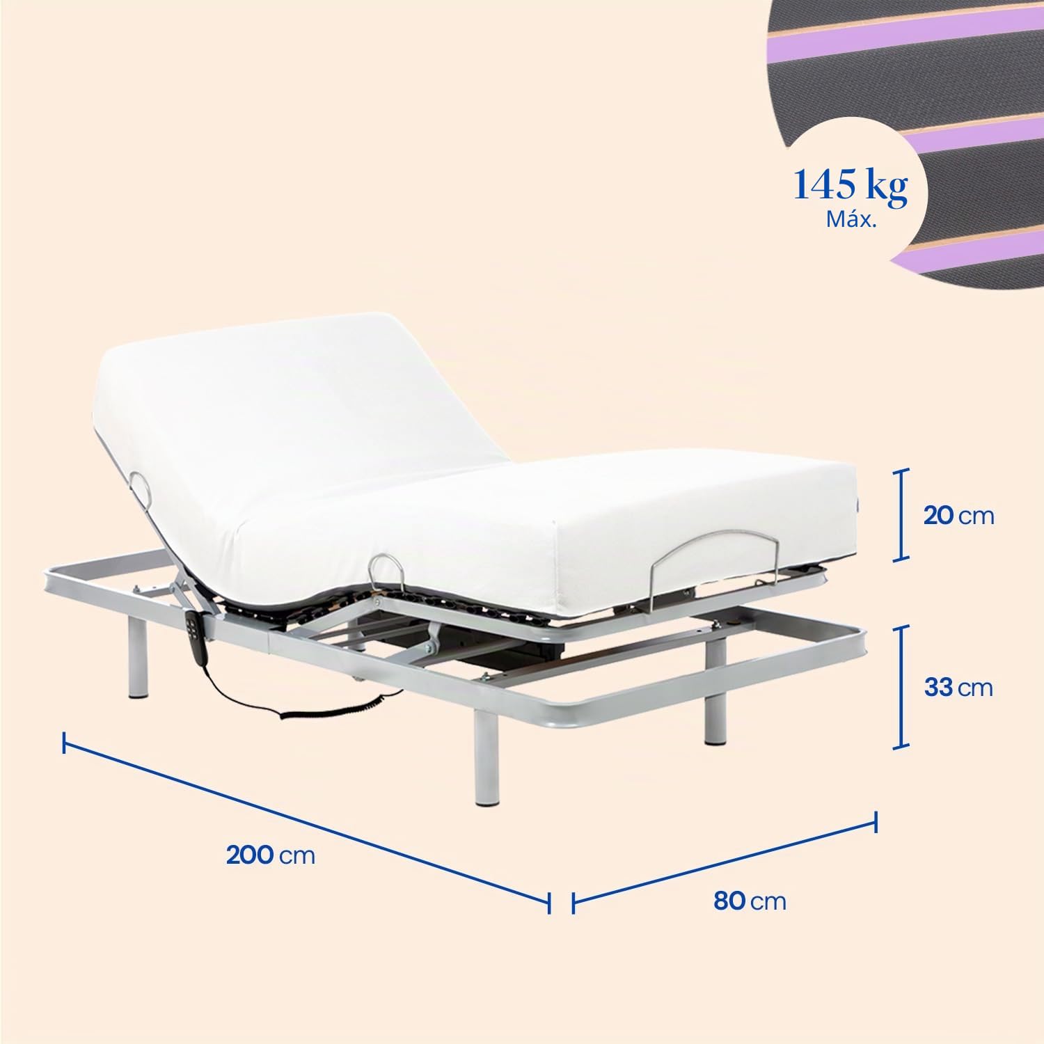 Geriafy – Pack Cama Articulada Reforzada con colchón viscoelástico de 20 cm Tencel | Tejido Fresco y Suave (80x200 cm, Mando por cable) | Pack Tencel fresco, suave y transpirable, estructura reforzada y fácil montaje
