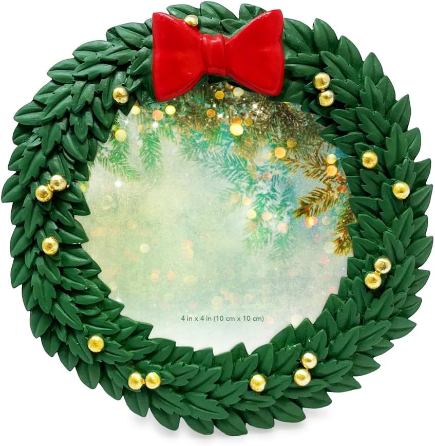 Isaac Jacobs 4x4 Green Wreath Holiday Picture Frame, Festive Photo Gift for Loved Ones, Tabletop or Wall Display, Elegant Home Décor (4x4, Green) (Pack of 2)