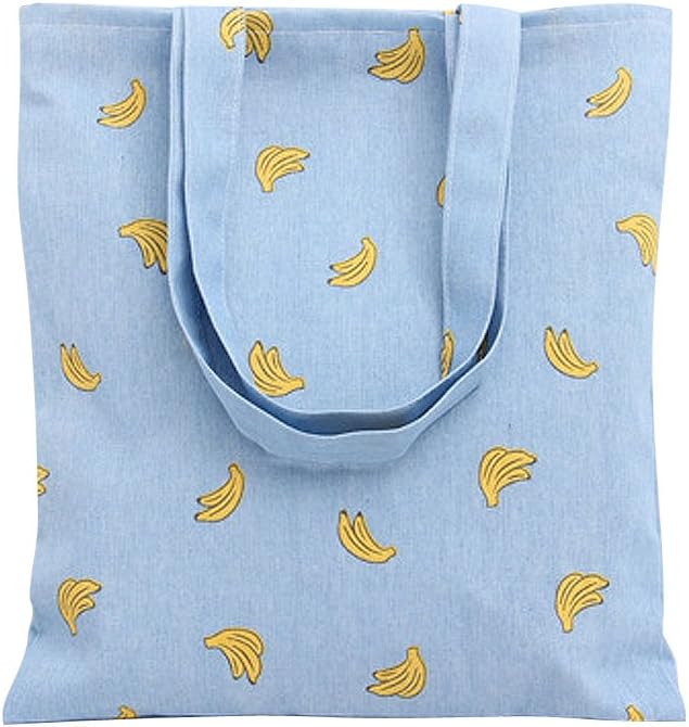 Women's Banana Print Cotton Canvas Tote Bag Blue, Tote 12.2"x14.6", Zip Closure, Medium