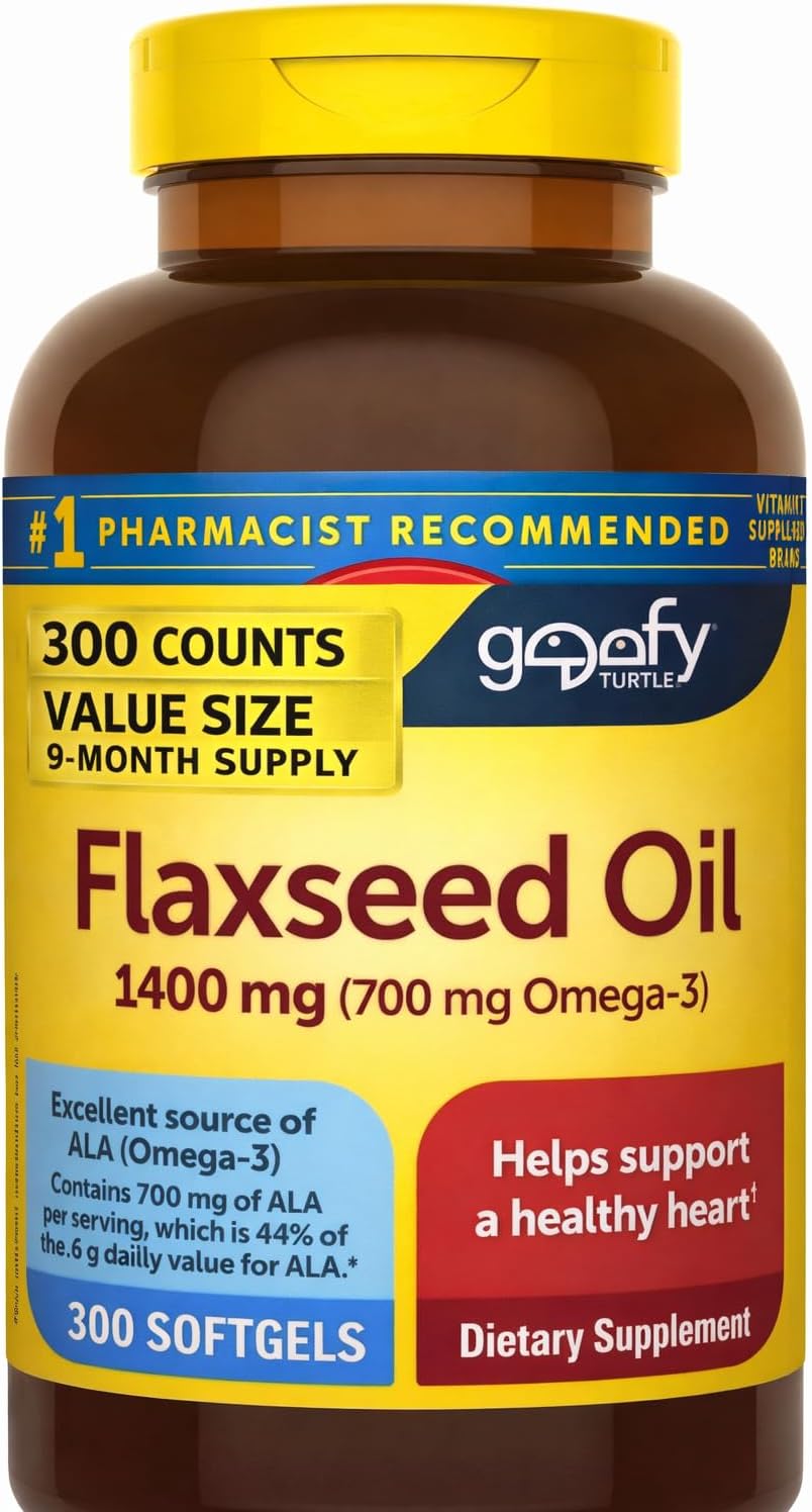 GOOFY TURTLE Nature Flaxseed Oil 1400mg (300 Softgels) | Plant-Based Omega-3 ALA Supplement | 9 Months of Supply.