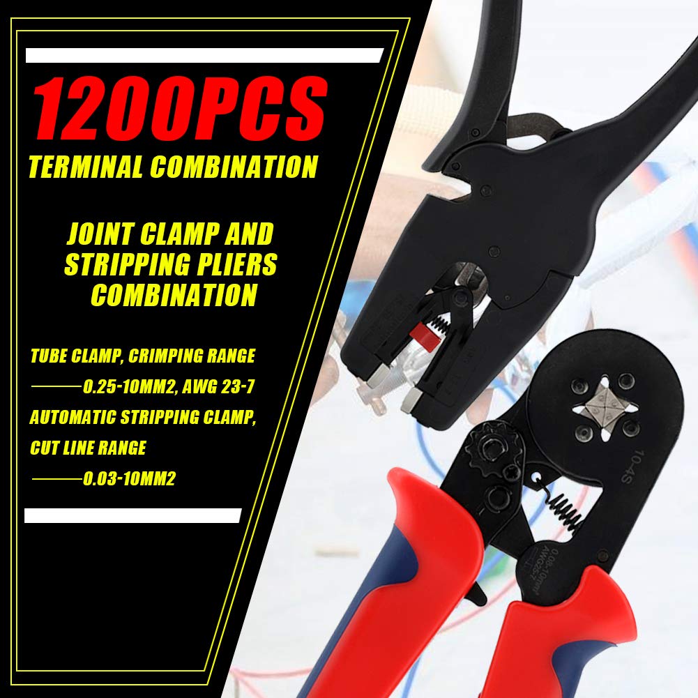 Pinza a crimpare per terminali a cricchetto e set di utensili spelafili con 1200 connettori terminali per cavi elettrici, testa in acciaio e piastra di pressione, impugnatura