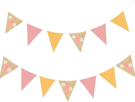 Groovy One First Birthday Pennant Banner Flag Daisy Dusty Pink Yellow Triangle Fabric Burlap Bunting Garland with Pink Felt 1 Sign for Groovy Boho Retro Hippie 1st Birthday Party Decorations Supplies