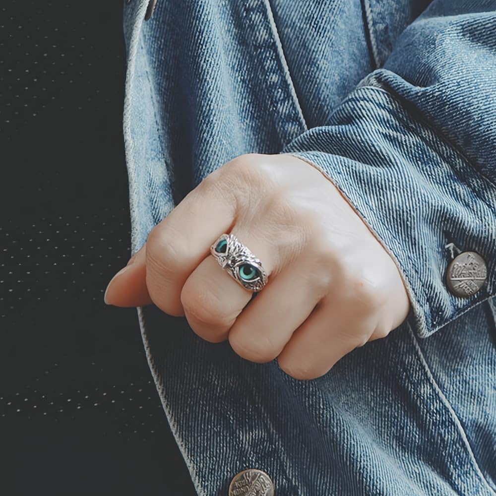 Retro 925 Sterling Silber Eule Nachteule Ring mit Blauen Augen für Herren Damen Offen und Verstellbar
