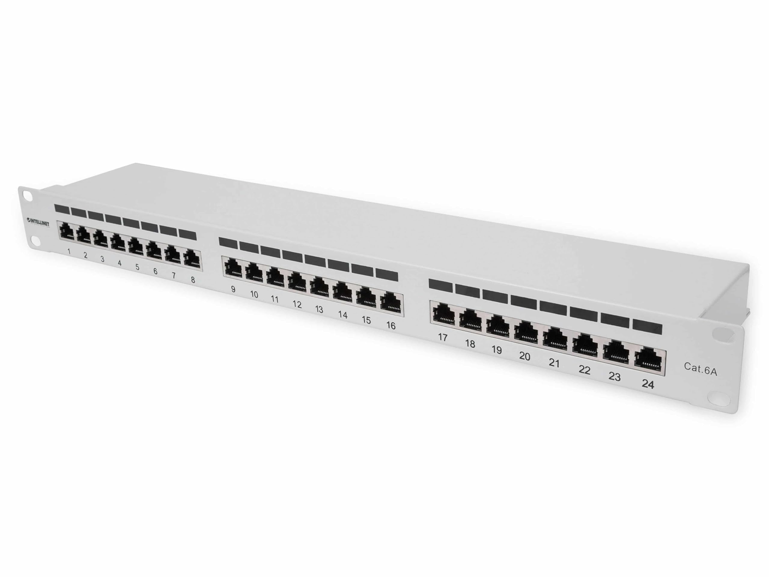 Intellinet Patch Panel, Cat6a, FTP, 24-Port, 1U, Shielded, 90° Top-Entry Punch Down Blocks, Grey