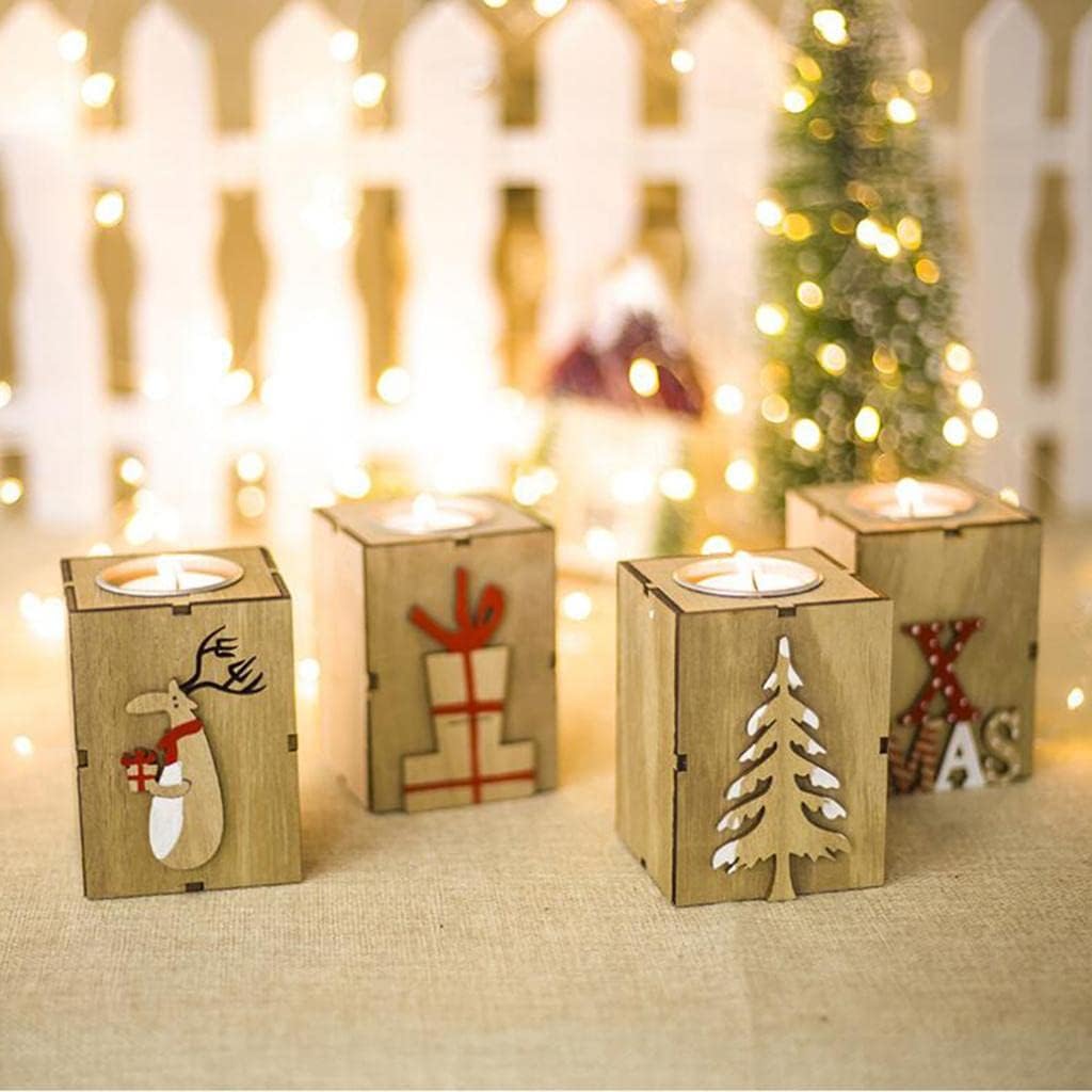 NC NC Christmas Wood Tealight Candle Holder Wooden Candlestick Home - Reindeer - Xmas