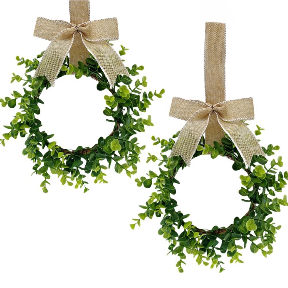 2 Pcs 12inch Mini Boxwood Wreaths Artificial Spring Summer Greenery Wreath for Front Door Farmhouse Kitchen Cabinet Wreaths with Burlap Ribbon for