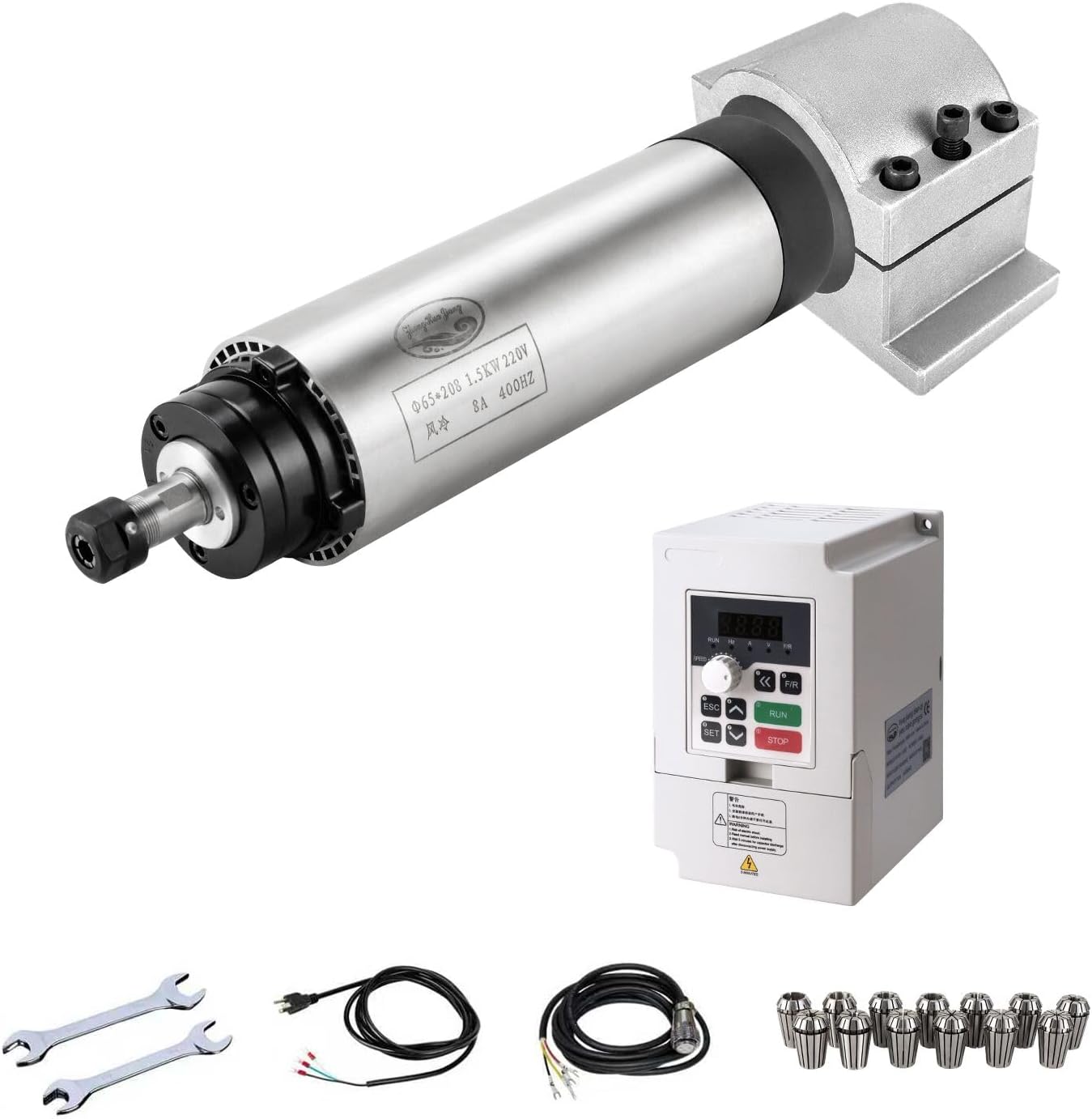 CNC Spindle Motor Kits, 220V 1.5KW CNC Spindle Air Cooled Spindle Motor+220V 1.5KW VFD+Φ65mm CNC Clamp Mount + ER11 Collet Set+Wrenches for CNC Router Mahine