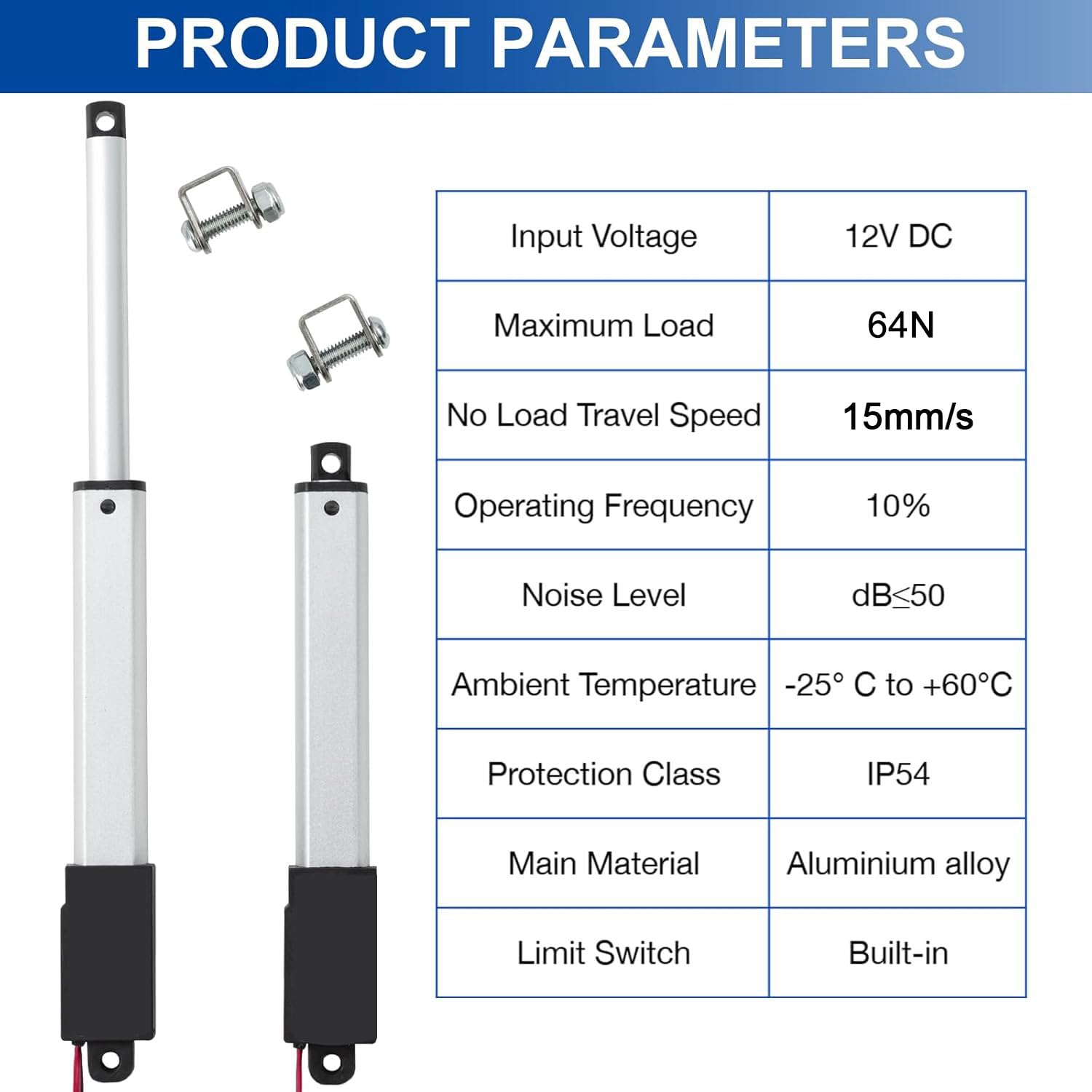 12V IP54 Linearantrieb 100mm Hub 64N 15mm/s Wasserdicht Linear Actuator mit Montagebügeln