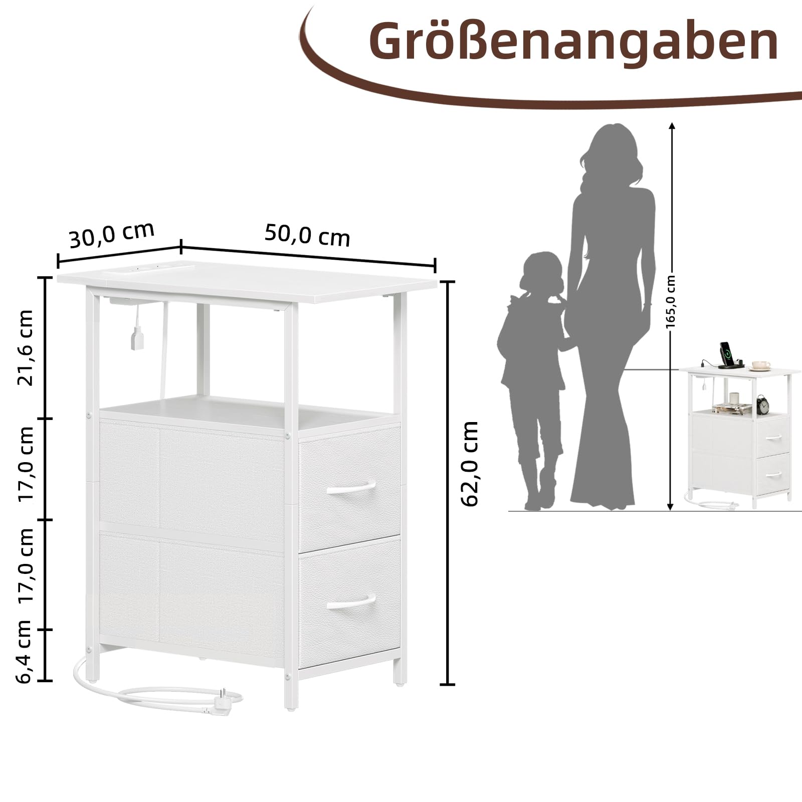 Somdot Nachttisch mit Ladefunktion, Beistelltisch mit 2 Stoffschubladen, 2 AC-Steckdosen, 1 USB & 1 Type-C Anschluss, kompakter Nachtschrank Sofatisch für Schlafzimmer & Wohnzimmer, Weißes Leder