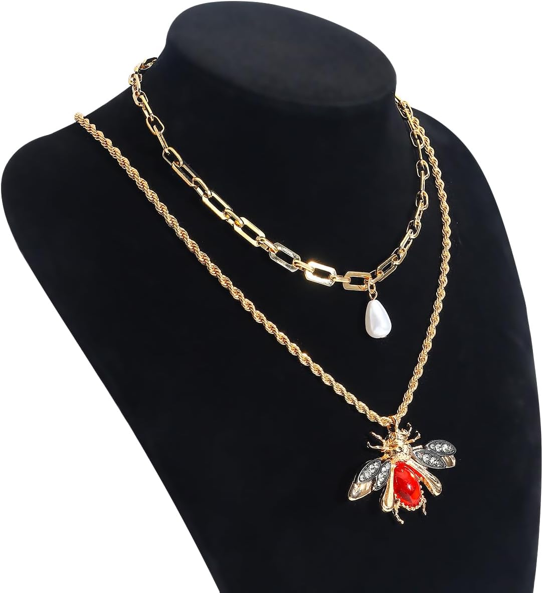 Gold Bee Pearl Pendant Chain Link Necklace for Women, Double Layered Chain Jewelry, Adjustable Length Elegant Necklace Gift for Birthday Wedding Anniversary - Image 7