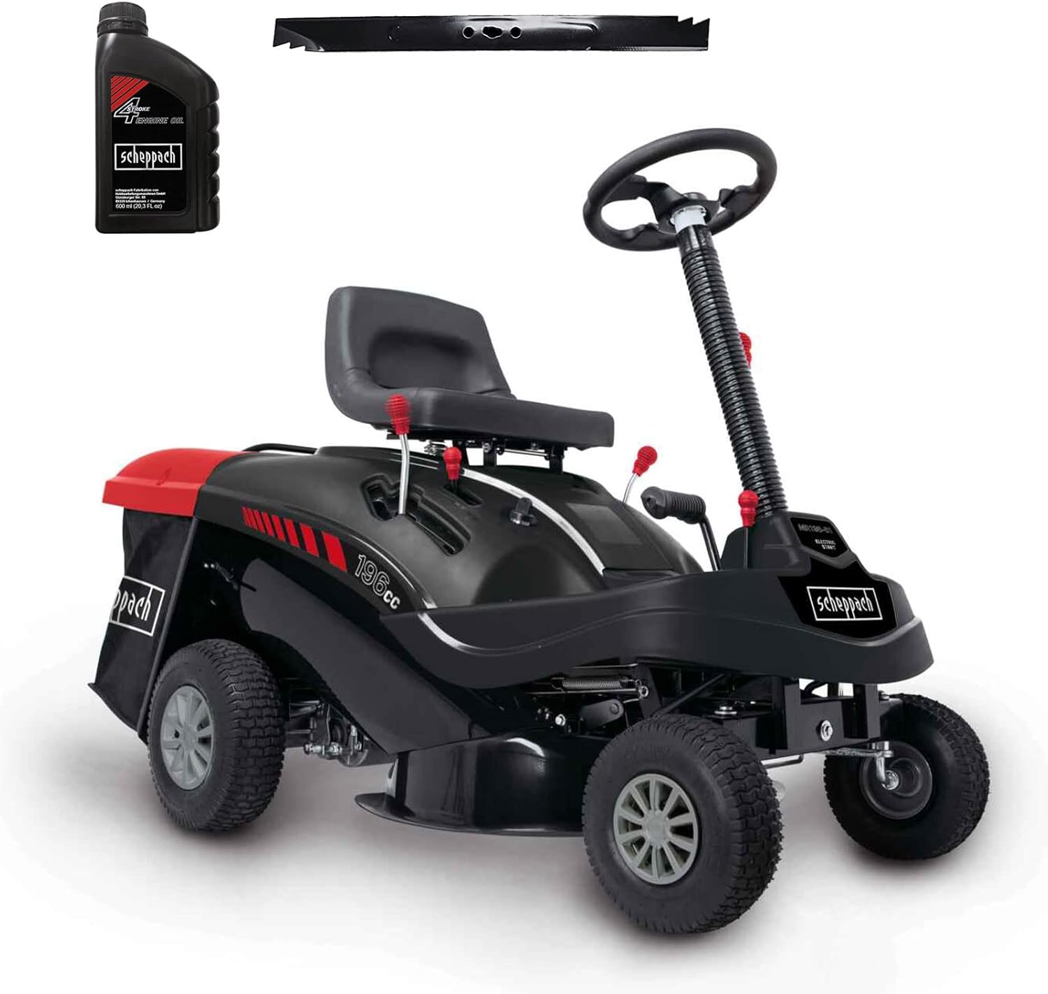 Scheppach Tondeuse Thermique MR196-61 | Autoportée & Démarrage électrique |6,5 CV| Largeur de Coupe 61cm | 5 Positions |Ramassage 150 L| 4 Marche Avant- 1 Marche arrière | Lame supp. + Huile Incluse