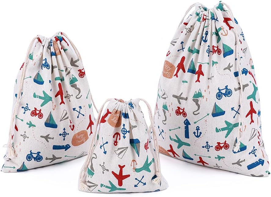 Amoyie 3 pcs Drawstring Storage Bags Set for Kid Stuff Travel Home Accessorie Transportation, Aircraft, Pack of 3