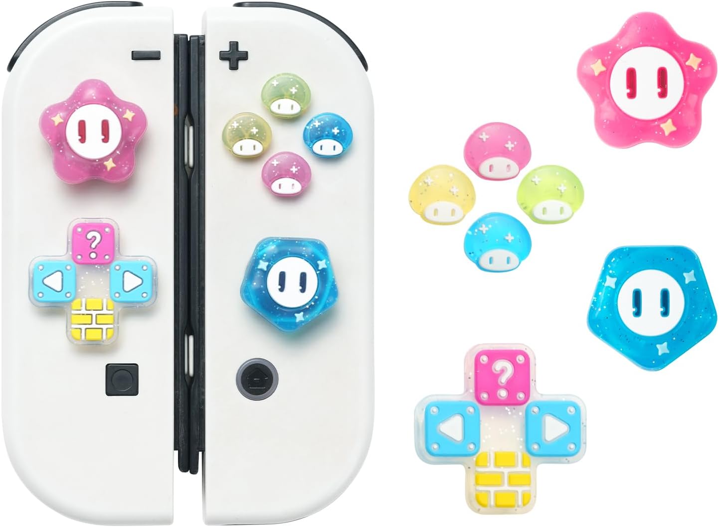 ABXY Buttons Sticker Joystick Cover Caps, Cross D-Pad Button Caps Silicone Thumb Grips Set Compatible with Nintendo Switch/OLED Controller (Jelly Flower)