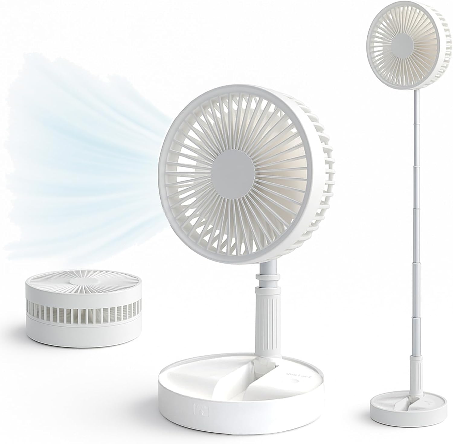 Pedestal Fan Foldable table fan, Adjustable Height, 7200mAh Rechargeable, Portable, Quiet, FoldAway (White)