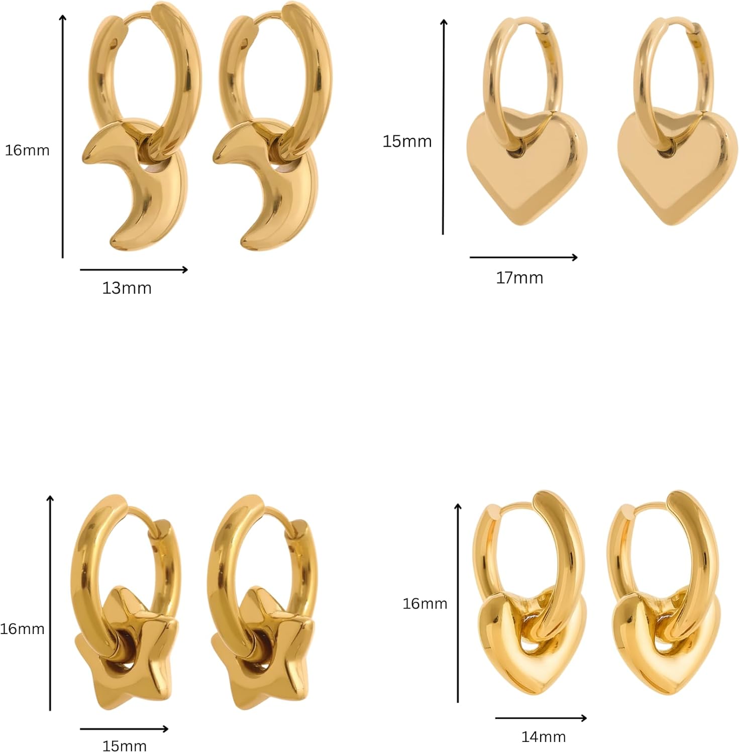 18K Gold Plated Huggie Hoop Earrings for Women, Waterproof Stainless Steel Celestial Moon Star Heart Charm Chunky Everyday Earrings - Image 5