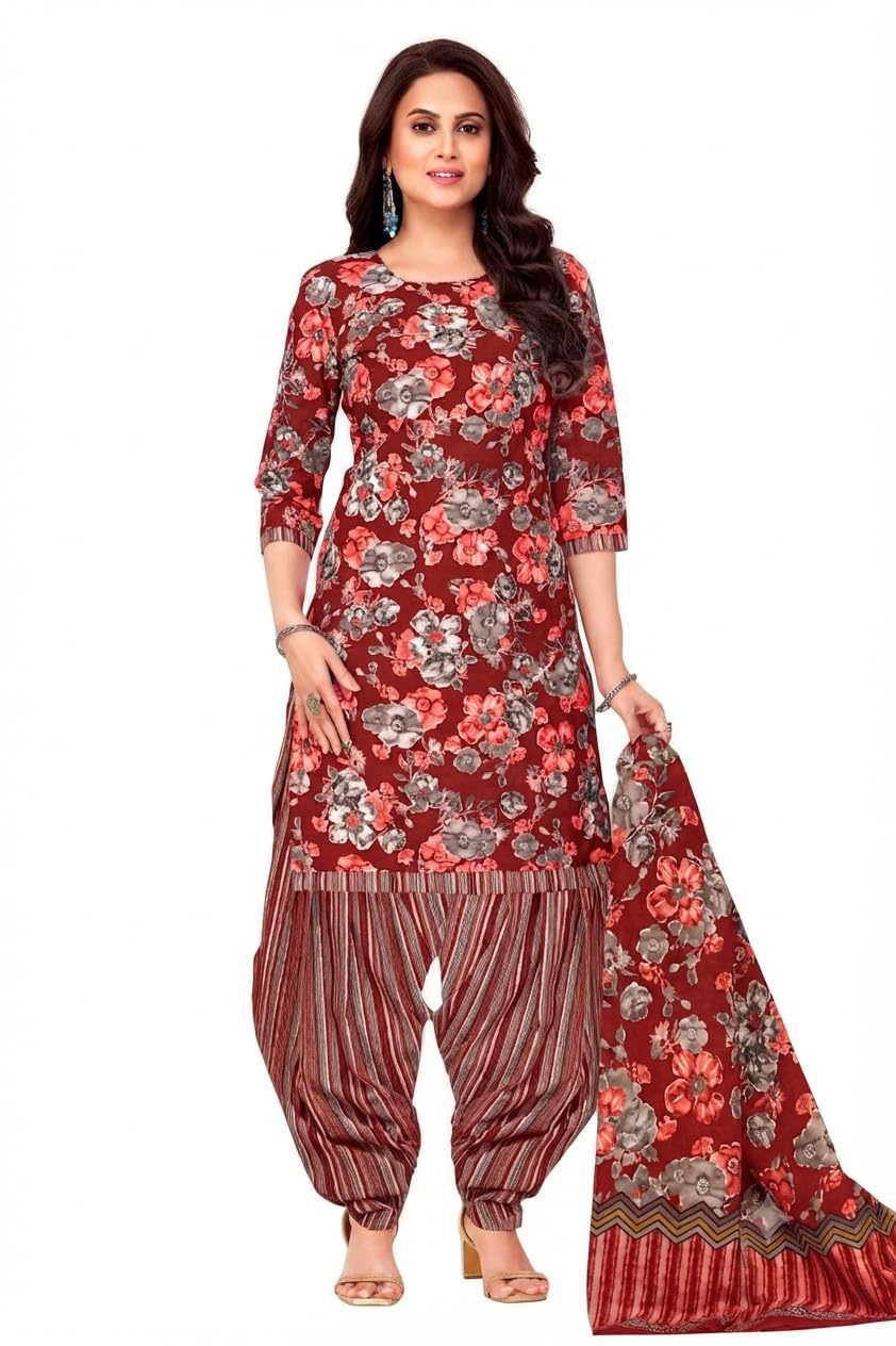 Women's Floral Print Patiala Salwar Suit with Dupatta, Maroon-picture-29