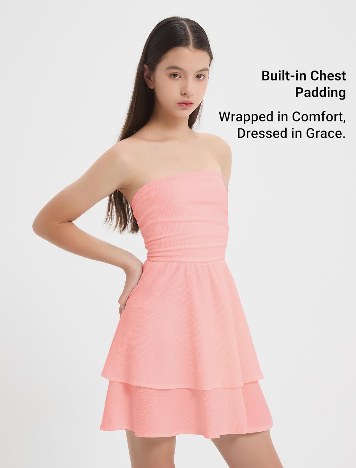 EXARUS Girls Strapless Padded Dresses Tube Top Smocked Ruffle Hem A-Line Teen Mini Graduation Summer Casual Dress 8-14Y