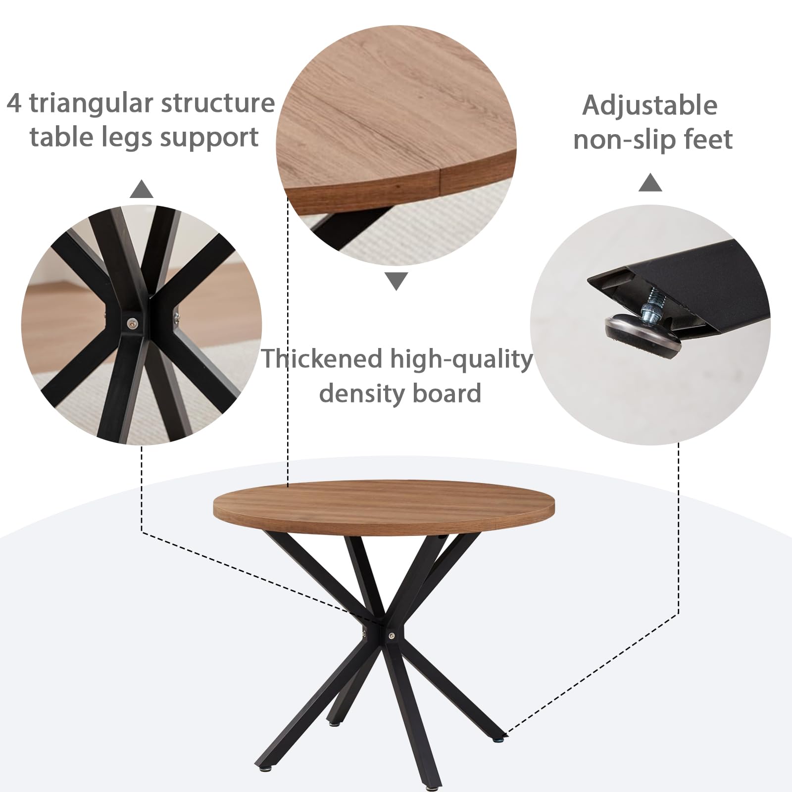 Set Tavolo e Sedie da Pranzo Nordico, Tavolo da Pranzo Rotondo da 100 cm con Venature del Legno Chiaro + Set di 4 Sedie da Pranzo in Lino Kaki con Gambe in Metallo